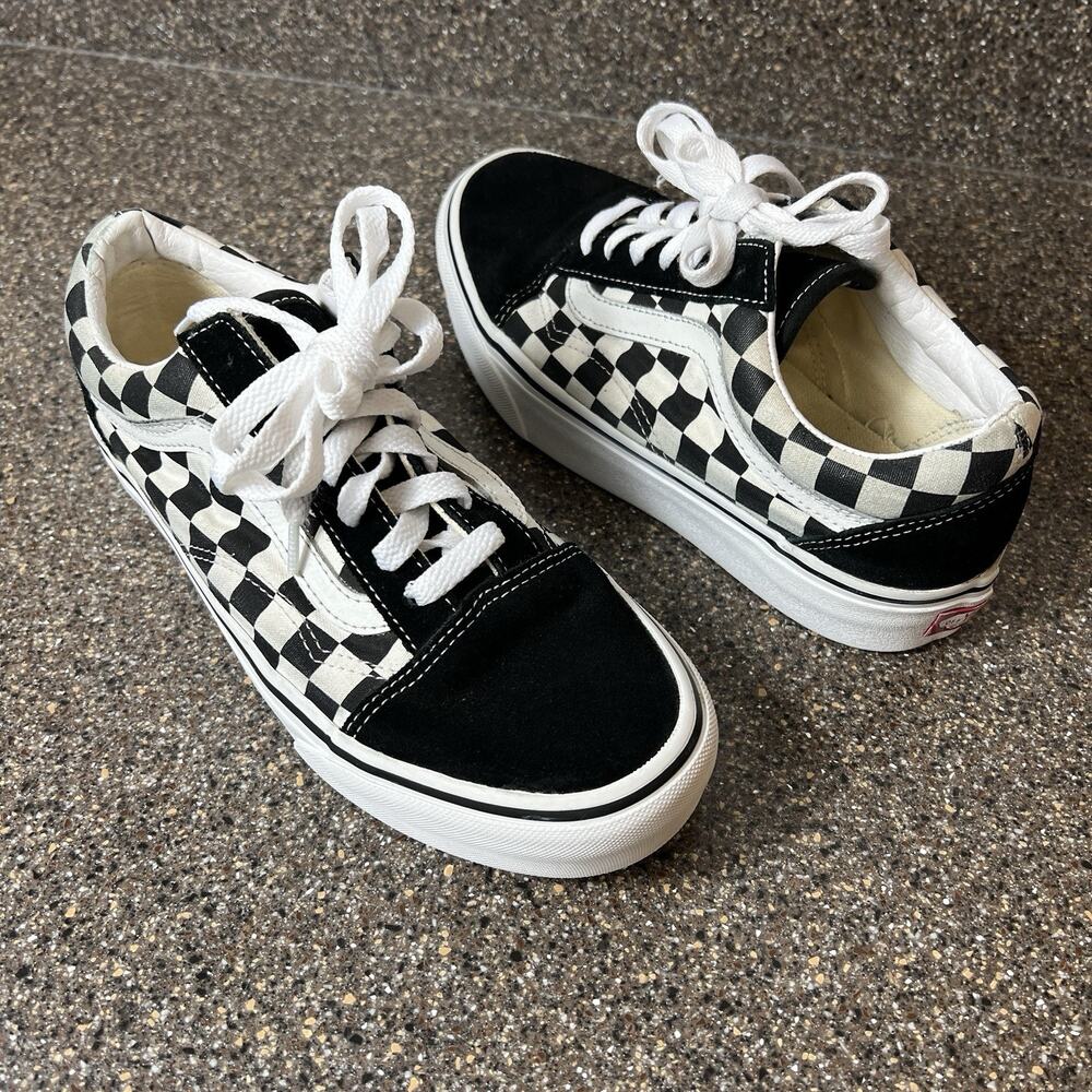 Vans Platform Skate Shoes Suede Canvas Black White Check Womens Sz 7 Lace Up Low